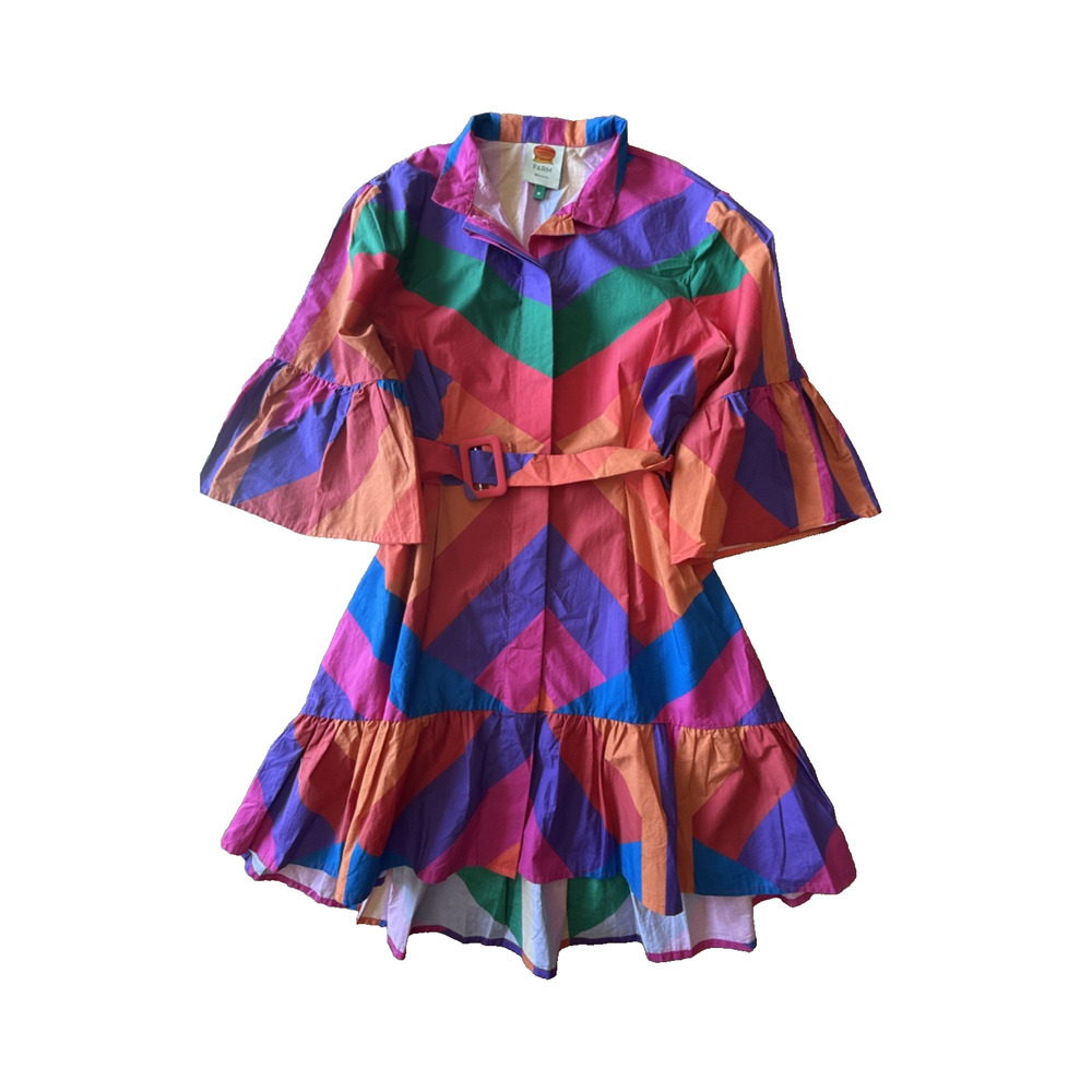 Farm Rio Amanda Mini Shirt Dress Medium – Ruffled Belted Colorblock - Picture 2 of 10